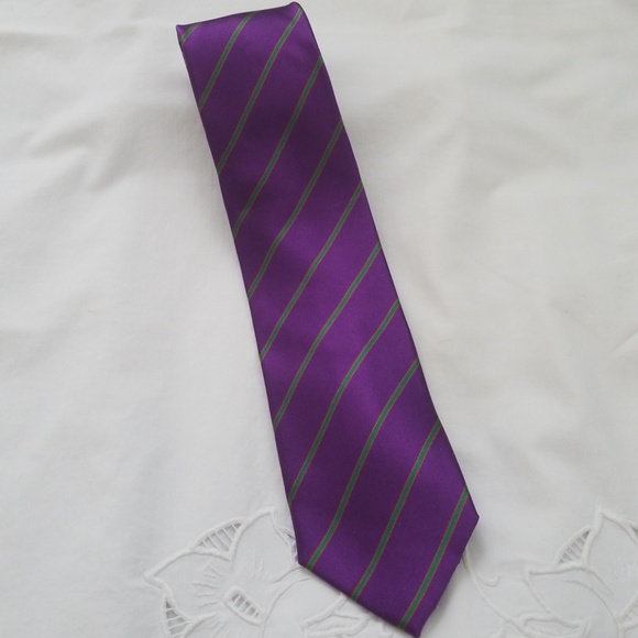 Bocara 100% silk purple tie, green & red stripes - Picture 2 of 5